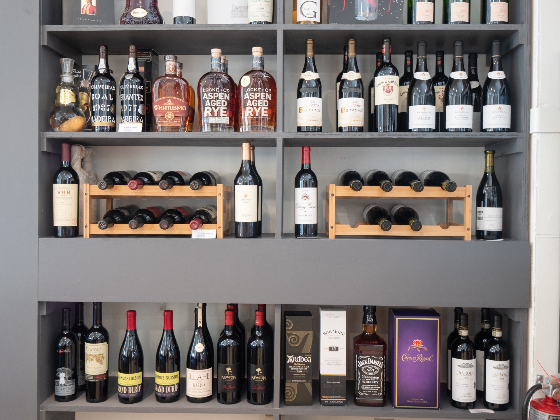 Fine wine and spirits display inside Wild Plum Spirits